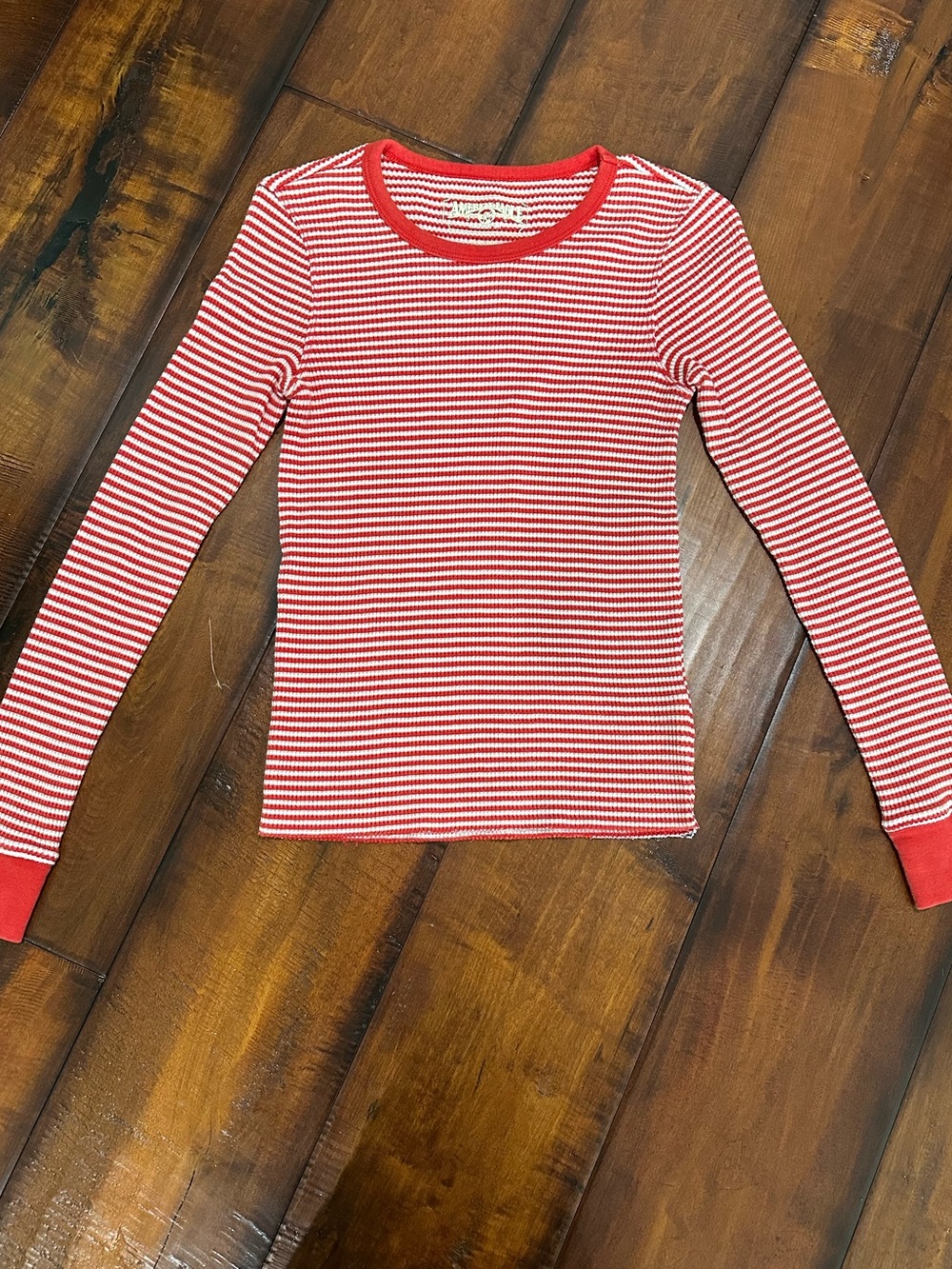 American Eagle Red & White Striped waffle Long-Sleeve Top